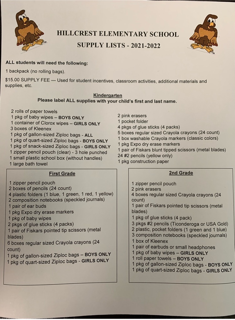 2021-2022 School Supply List for HES